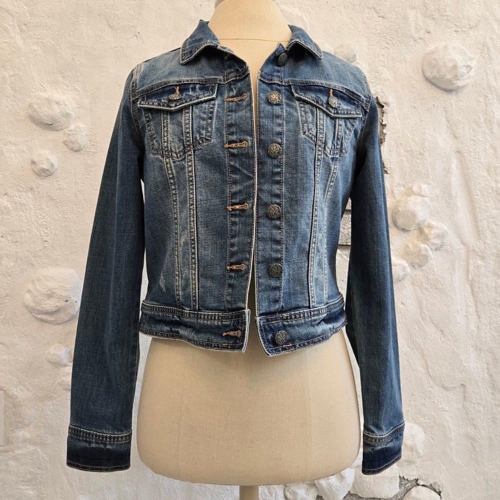 Prana Women Medium Wash Organic Cotton Cropped Denim Jean Jacket Size S